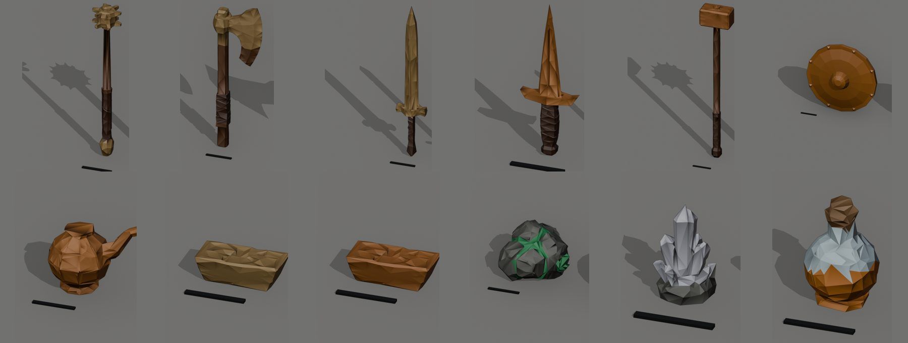 Doce modelos 3D del juego: maza, hacha, espada corta, daga, martillo, escudo, retorta, lingotes de bronce y de cobre, roca con vetas de malaquita, cristal de cuarzo y frasco.